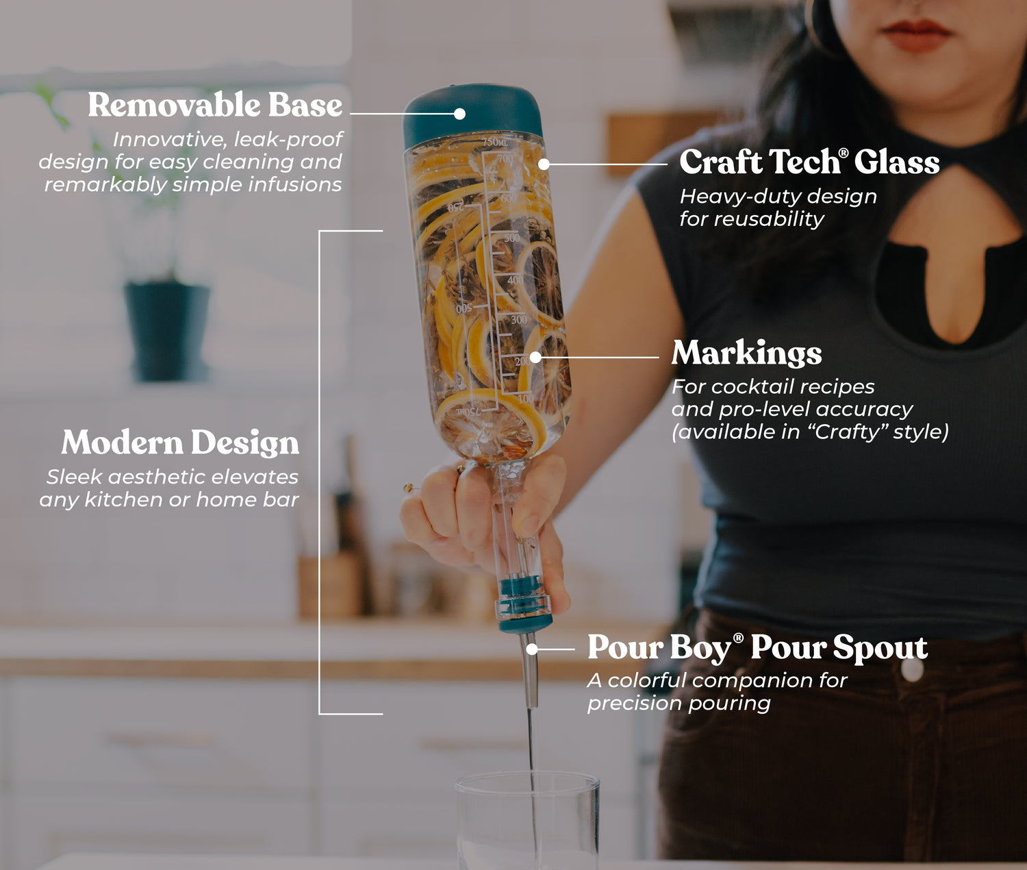 Craft Crew Bottle is in Cocktail Kit designed for crafting simple cocktails at home with precise measurements and a removable base. 